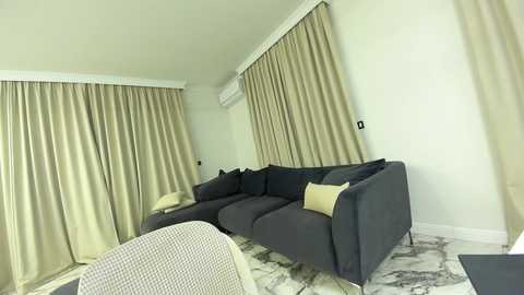 Media: Video of a modern, minimalist living room with a dark gray sectional sofa, beige curtains, white marble-patterned floor, and a white fabric chair.