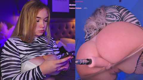 Media: Video featuring a blonde woman with medium build, wearing a zebra print top, focused on a phone, and a close-up of a woman with a large, round, bare buttocks.