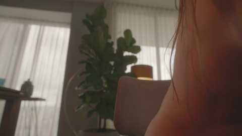 Media: Video of a nude woman with long hair, seen from the side, in a softly lit room with large windows, a plant, and a table with a lamp.