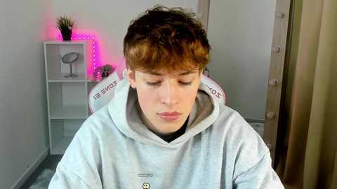 Media: Video of a young man with curly brown hair, wearing a gray hoodie, sitting in a modern, minimalist bedroom with white walls, a pink-lit mirror, and a white shelf.