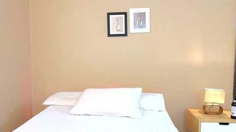 Media: A video of a minimalist bedroom with beige walls, a neatly made bed with white linens, a wooden nightstand, a beige lamp, and two framed minimalist art pieces on the wall.