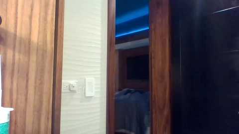 Media: Video of a modern bathroom doorway, featuring a light wooden door with a white electrical outlet and a dark wooden door with a blue LED light strip. A blue towel hangs on the dark door's knob.