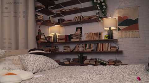 Media: Video of a cozy, cluttered bedroom with a white brick wall, wooden shelves filled with books, a hanging tapestry, and two lit lamps on either side of a bed with a floral duvet.