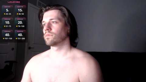 Media: Video of a topless, fair-skinned man with shoulder-length brown hair, standing indoors against a dark background. Overlayed is a digital screen displaying streaming metrics including viewers and chat messages.