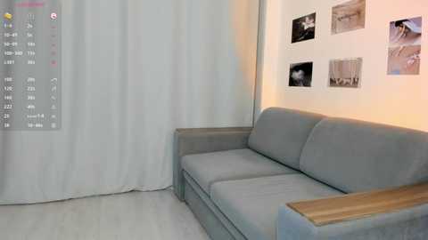 Media: Video of a minimalist living room with a gray sofa against light-colored walls, featuring a calendar and framed black-and-white photos on the wall.