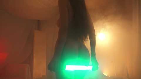 Media: Video of a nude woman with long hair, holding a glowing green light, standing in a dimly lit room with yellowish light and smoke, creating a mysterious, almost surreal atmosphere.