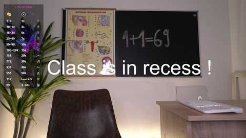 Media: Video of a classroom with a blackboard displaying 4+6=10, a colorful anatomy chart, a brown chair, a wooden desk, and a potted plant. Text overlay reads \"Class is in recess!\