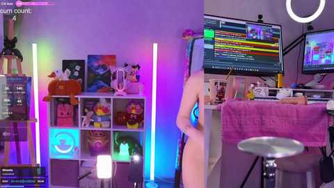 Media: Video collage: Left, colorful bedroom with neon lights, toys, and art; Right, Twitch streamer's desk setup with monitor, keyboard, and pink towel.