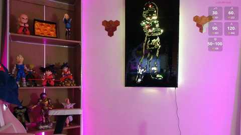 Media: Video of a bedroom with a neon \"Mega Man\" sign, toy figurines, and a \"Super Mario Bros.\" poster on a bookshelf.