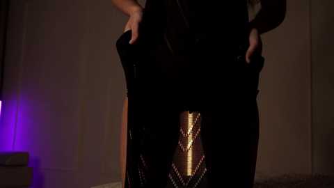 Media: Video of a person's torso and legs in a dimly lit room. The person wears black pants with intricate diamond patterns. Their hands are on their hips, emphasizing a confident stance. The background is a plain, dark wall with purple lighting on the left.