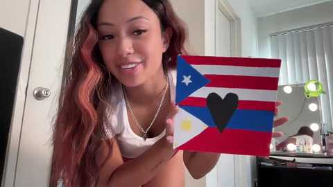 Media: Video of a smiling woman with long wavy hair, holding a DIY Puerto Rico flag with heart and sun symbols. She wears a white top and a silver necklace. Background features a vanity mirror with lights.