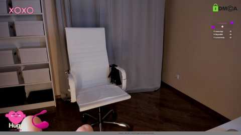 Media: Video of a modern, minimalist room with a white ergonomic office chair and grey curtains. A pink bunny toy lies on the dark wooden floor.