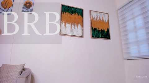 Media: A video of a minimalist room with white walls, featuring abstract art with gold and green brush strokes, a beige couch, and a window with white blinds.