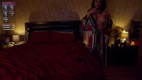 Media: A dimly lit video of a woman in a red kimono, partially open to reveal her breasts, standing in a bedroom with a red bed, two bedside lamps, and a digital clock.