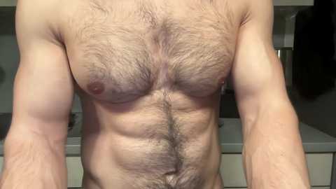 Media: Video of a light-skinned, muscular man with a hairy chest, showcasing his defined abs and pectoral muscles. He stands indoors in a bathroom, with a towel hanging on a rack in the background.