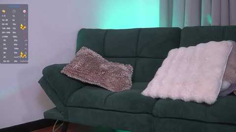 Media: Video of a modern living room featuring a green velvet sofa with a faux fur throw and textured brown pillow, illuminated by soft, pastel-colored lights, against a white wall with a digital art print of colorful butterflies.