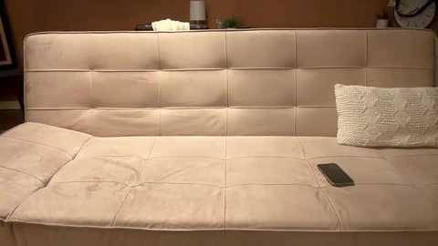 Media: Video of a beige, tufted leather sofa with a cushioned armrest and a textured pillow, set against a brown wall, featuring a smartphone on the seat.