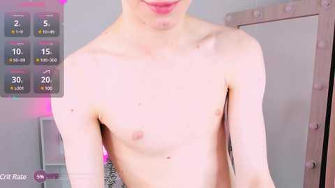 Media: Video of a slender, shirtless Asian male with fair skin, small nipples, and a faint tan line. Background features a vanity mirror and pink lighting, with a temperature gauge overlay.