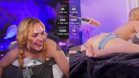 Media: Video of a blonde woman with braided hair laughing in a black top, and another woman lying on a dark bed. Background shows a blue light and a video screen.