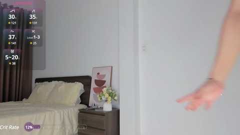 Media: A video of a modern bedroom with a large bed, white walls, and a person in a white shirt moving toward a door.