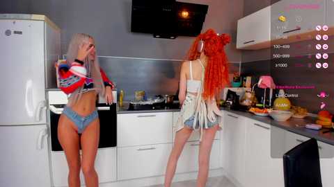 Media: Video of two women in a modern kitchen; one with long red hair, the other with blonde, wearing skimpy outfits.