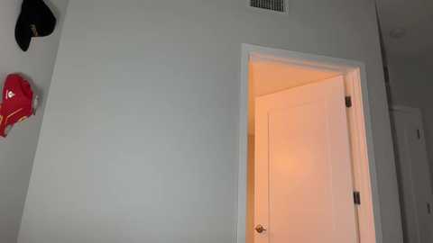 Media: Video of a white-walled hallway with a red baseball cap hanging on the left, a white door open to a dimly lit room, and a vent on the ceiling.