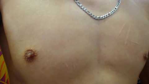 Media: Video of a light-skinned, shirtless male torso with a prominent, dark brown nipple and faint stretch marks. Wearing a silver chain necklace.