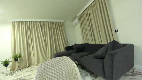 Media: Video of a modern living room with beige curtains, grey sectional sofa, and a cream chair; minimalist decor, white walls, and a small plant in a corner.