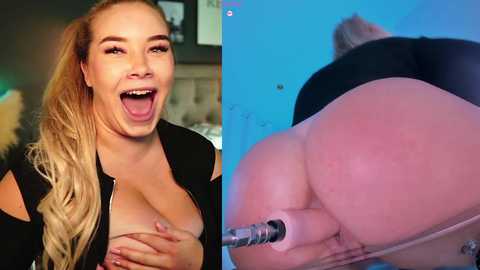 Media: Video of a blonde woman with large breasts, laughing, and another image of a woman's bare, large buttocks being penetrated by a dildo.