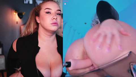 Media: Side-by-side photos: top, a young woman with fair skin, blonde hair, wearing a low-cut black top; bottom, a close-up of her exposed breasts and nipples, with a large pink dildo inserted.