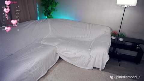 Media: A video of a beige sectional sofa covered with a white sheet, set in a dimly lit room with a black floor lamp, green plant, and pink hearts overlay.