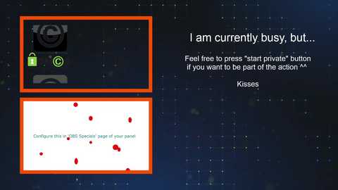 Media: Video of a computer screen displaying a dark, starry background with a button labeled \"Kiss06.\" The text reads, \"I am currently busy, but... Feel free to press start button if you want to be part of the action.\