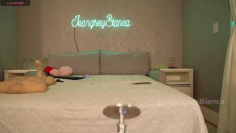 Media: Video of a cozy, modern bedroom with a plush white bed, a stuffed animal, and a neon \"Bianca\" sign above. The walls are light green with a subtle pattern, and the room has a serene ambiance.