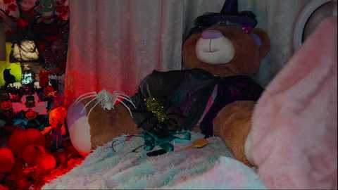 Media: A video of a plush toy bear dressed in a witch costume, with a black hat and purple robe, lying on a pink blanket. The background features a cluttered room with red and green Christmas decorations.