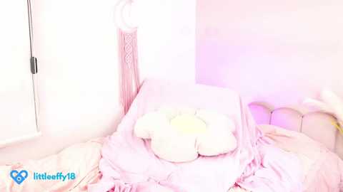 Media: A video of a pastel-colored room with a soft, pink and white color palette. A fluffy, white pillow with a light yellow plush bear is prominently placed on a bed with ruffled, pastel bedding.