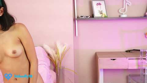 Media: Video of a topless woman with medium-sized breasts, light skin, and dark hair, standing in a pink room with a wooden desk, white vase, and framed artwork.