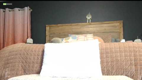 Media: Video of a cozy bedroom with a wooden headboard, a brown quilted bedspread, a white pillow, and a small decorative lamp on each side of the bed. The walls are dark, and there are light pink curtains.