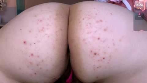 Media: Video of a close-up view of a person's bare buttocks, showing numerous acne lesions and pimples on the skin, set against a blurred background with indistinct objects.