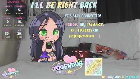 Media: Anime-style screenshot of a chibi girl with long blue hair, green eyes, and a purple outfit, sitting on a bed, surrounded by chat bubbles and a QR code.