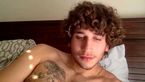 Media: Video of a shirtless young man with curly brown hair, tattoos on his chest, wearing a gold chain necklace, lying on a bed with dark wooden headboard and white pillow, bathed in sunlight.