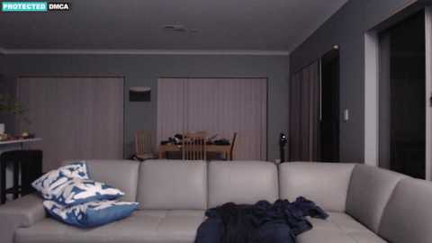 Media: Video of a modern living room with a beige sectional sofa, blue pillows, and a cluttered coffee table. Adjacent is a dining area with wooden chairs and a table, visible through vertical blinds.