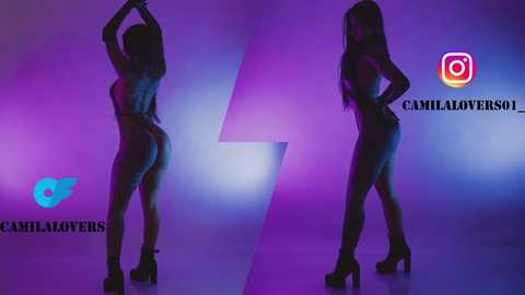 Media: Video of a curvy, dark-skinned woman in a sheer, black bodysuit, striking a pose against a purple and blue gradient backdrop with the Instagram logos \"CAMILALOVERSON\" and \"CAMILA_LOVERSON\".