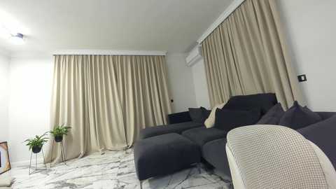 Media: Video of a modern living room with beige curtains, dark gray sectional sofa, white marble-patterned rug, potted plant, and minimalistic decor.