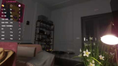 Media: Video of a dimly lit living room with a TV displaying a \"Louder\" game, a shelf with books, and a table with flowers in the foreground.