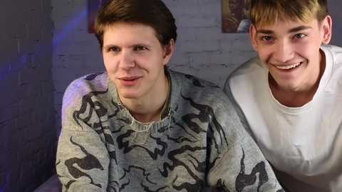 Media: Video of two young men with fair skin, short brown hair, and wide smiles. One wears a camo hoodie, the other a plain white shirt. Background includes a white brick wall and a framed picture.