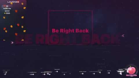 Media: A screenshot of a dark, neon-lit video game menu with \"Be Right Back\" in red text, surrounded by orange, glowing leaves. The background features a pink peach icon.