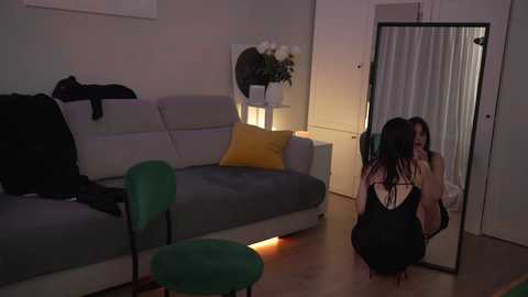 Media: Video of a dimly lit living room with a gray sofa, green chair, black bag, and a woman in a black dress kneeling in front of a mirror, taking a selfie.