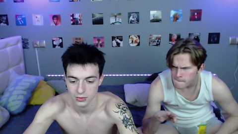 Media: Video of two shirtless young men, one with a tattoo, on a bed in a room with blue walls and a collage of photos.