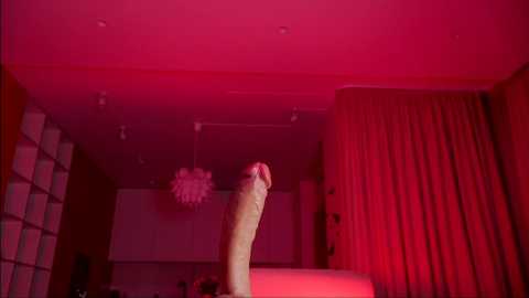 Media: Video of a modern, dimly lit room with a tall, erect penis cast in red light, standing out against the white wall and beige curtains.