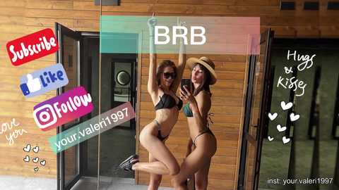 Media: Video of two women in black bikinis, one with a sunhat, posing in front of a wooden door. Background includes social media icons, \"Hugs & Kisses\" text, and a URL.